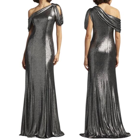 Tadashi Shoji Copley Shoulder Drape Lame Gown Silver Steel Size XL - Picture 1 of 13